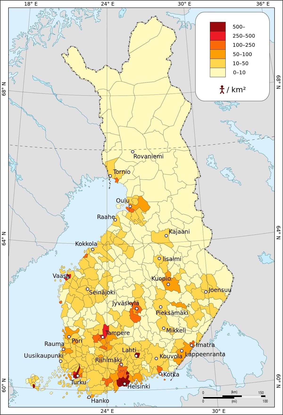 Finlândia densidade populacional mapa
