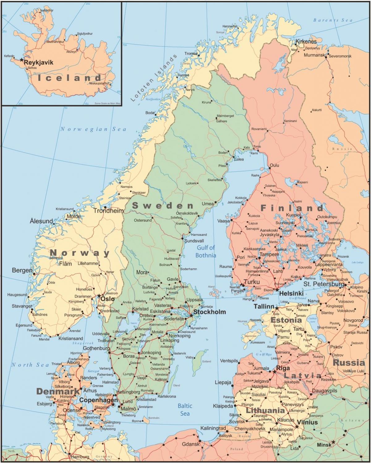 Mapa da Finlândia e países vizinhos